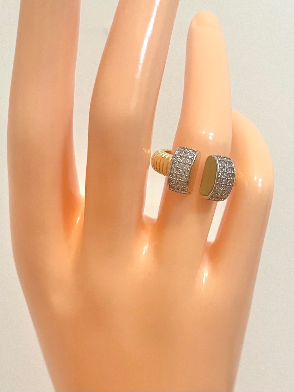 Two Tone Adustable Chunky Nail Ring Pavé CZs 18K Gold Filled NWOT
